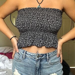 Navy tube top with white floral detailing